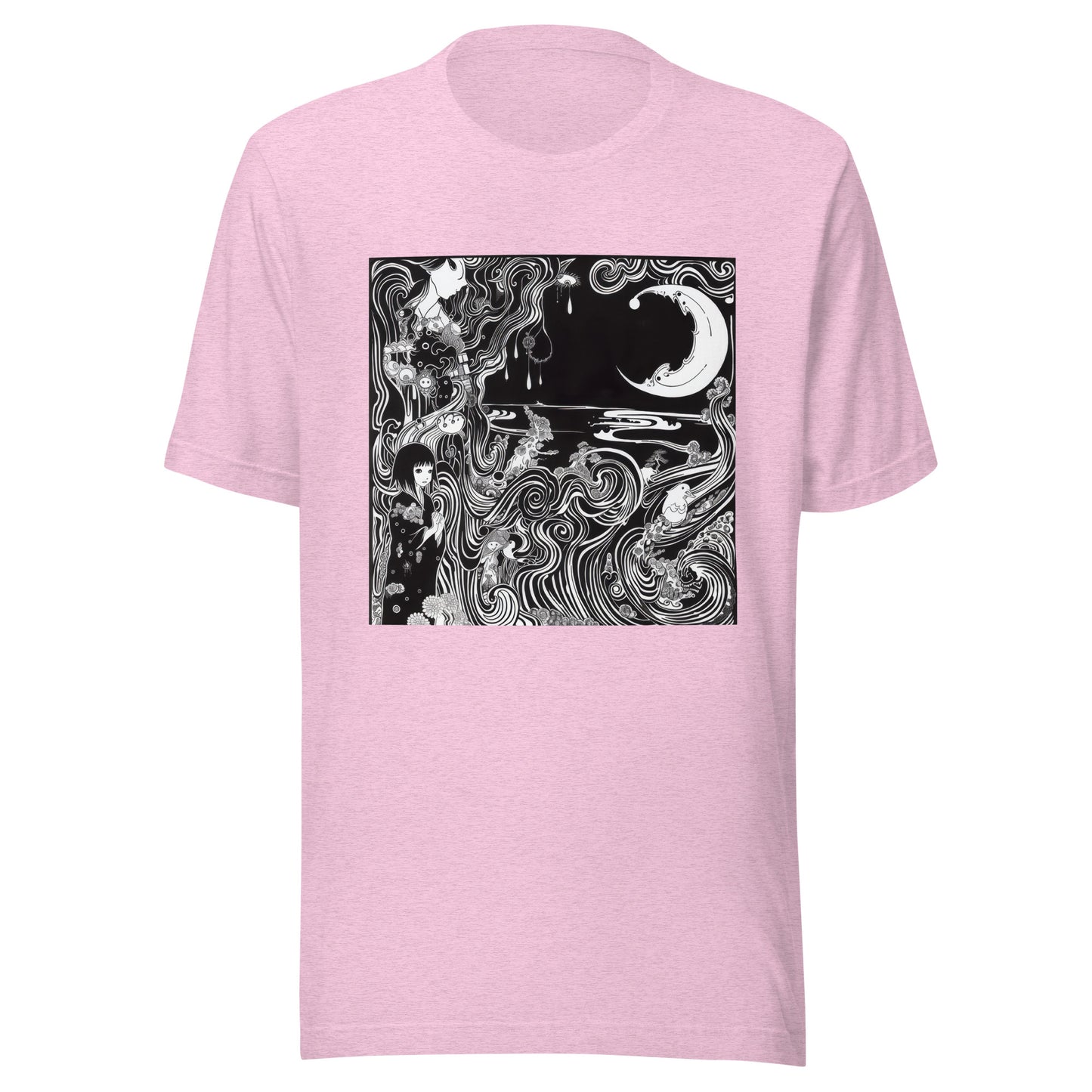 Black White Horror Crescent Moon Swirl Storybook Anime Scene Unisex Tee