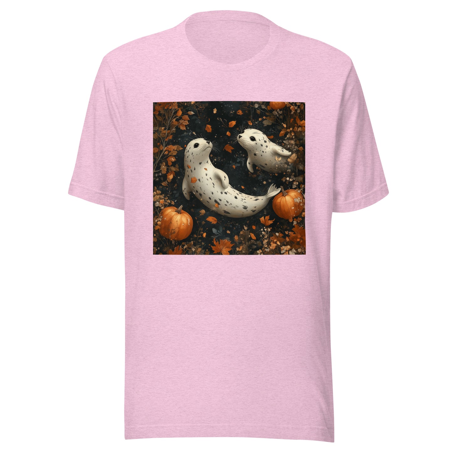 Fall Spotted Seal Couple Falling in Pumpkin Moon Sky Unisex t-shirt