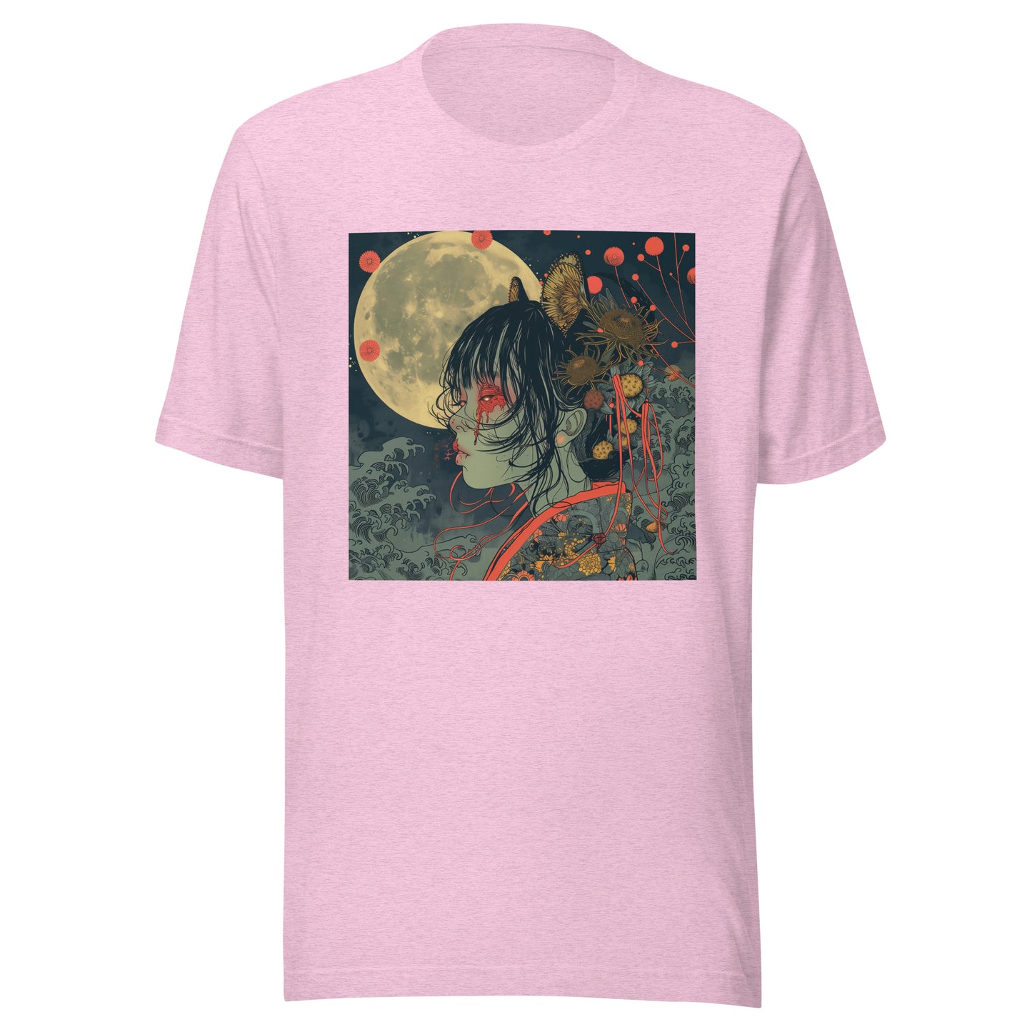 Teal Grey Moon Lady Floral Anime Waves Unisex Tee