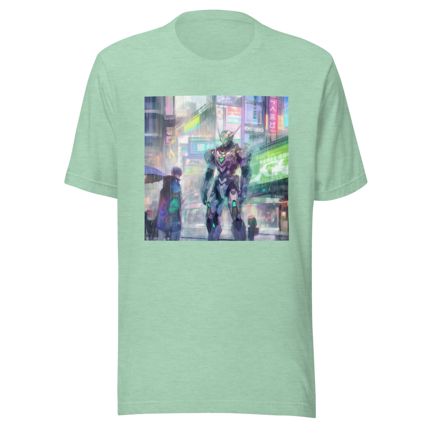 Meca City Scape Pastel anime Rain Neon Uv Grey Cloak Boy Unisex Tee