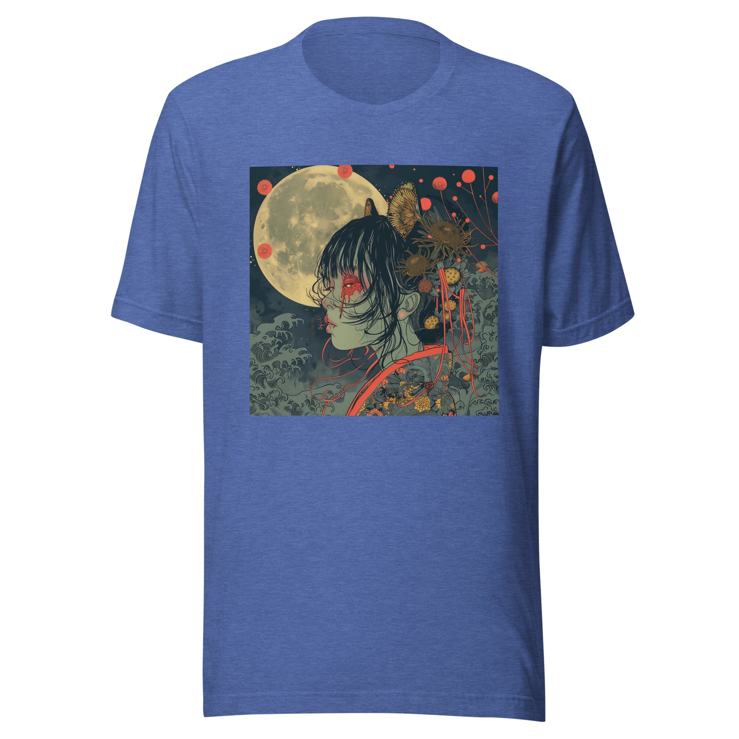 Teal Grey Moon Lady Floral Anime Waves Unisex Tee