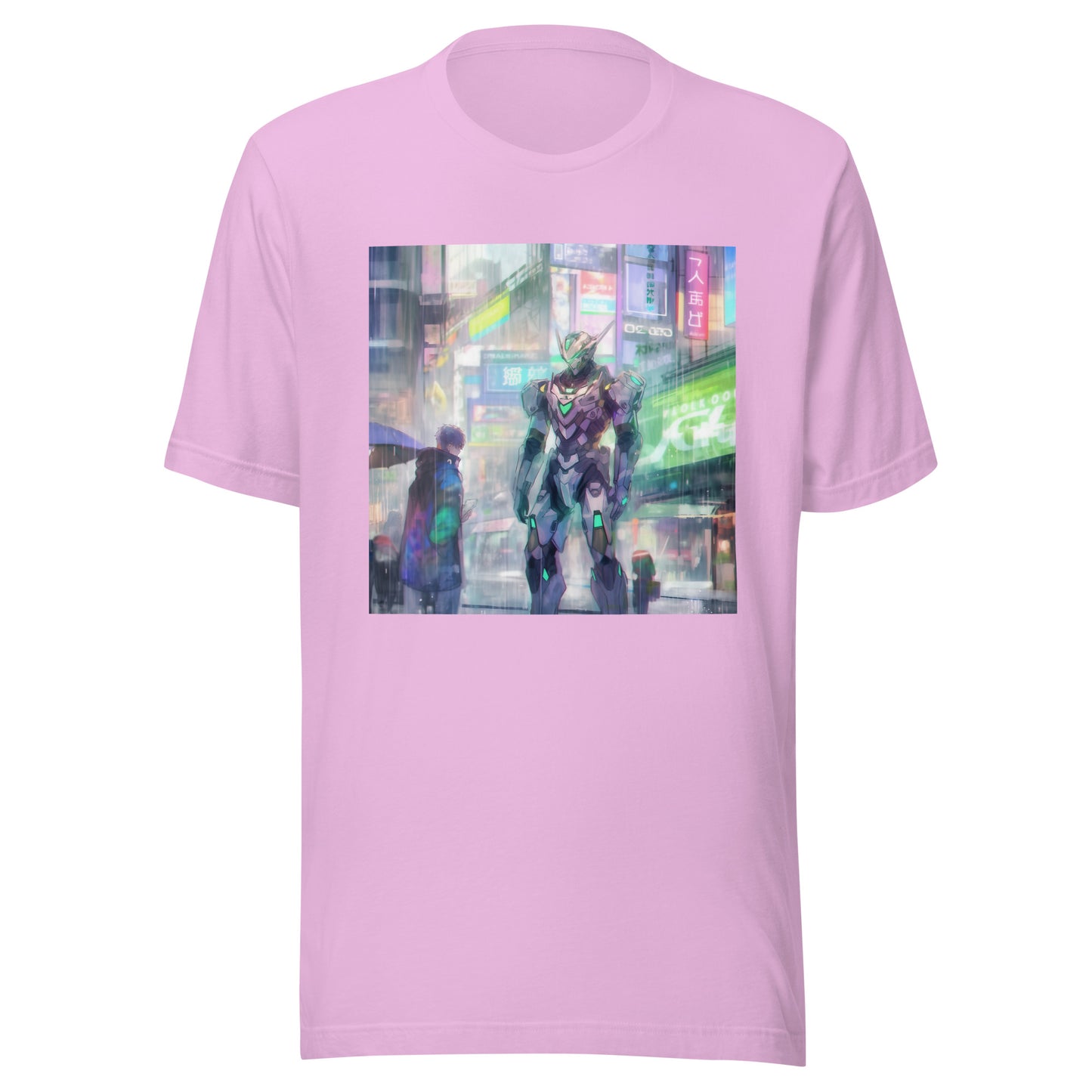 Meca City Scape Pastel anime Rain Neon Uv Grey Cloak Boy Unisex Tee