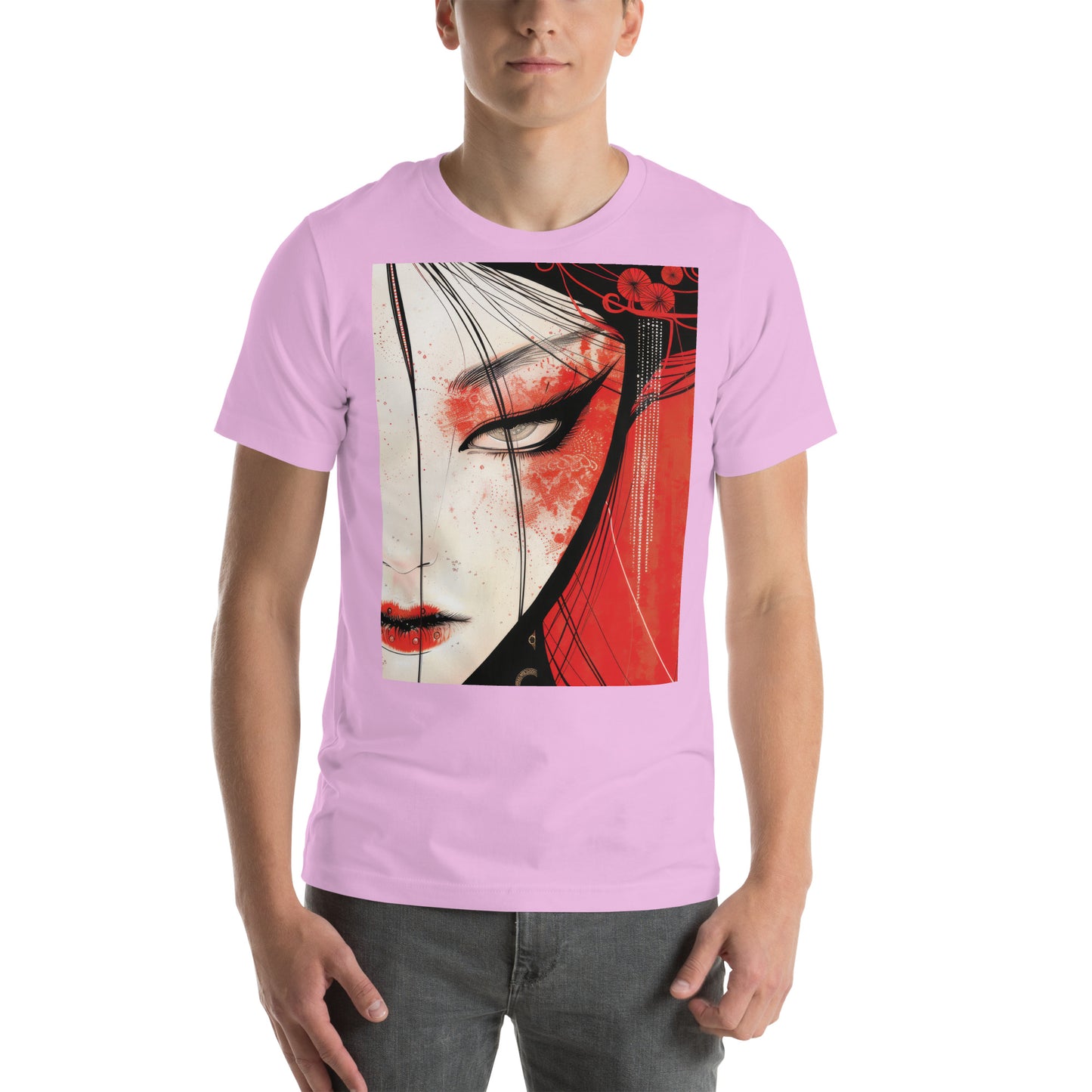 Red Face Geisha Stark Anime Yokai Close up Profile Unisex Tee