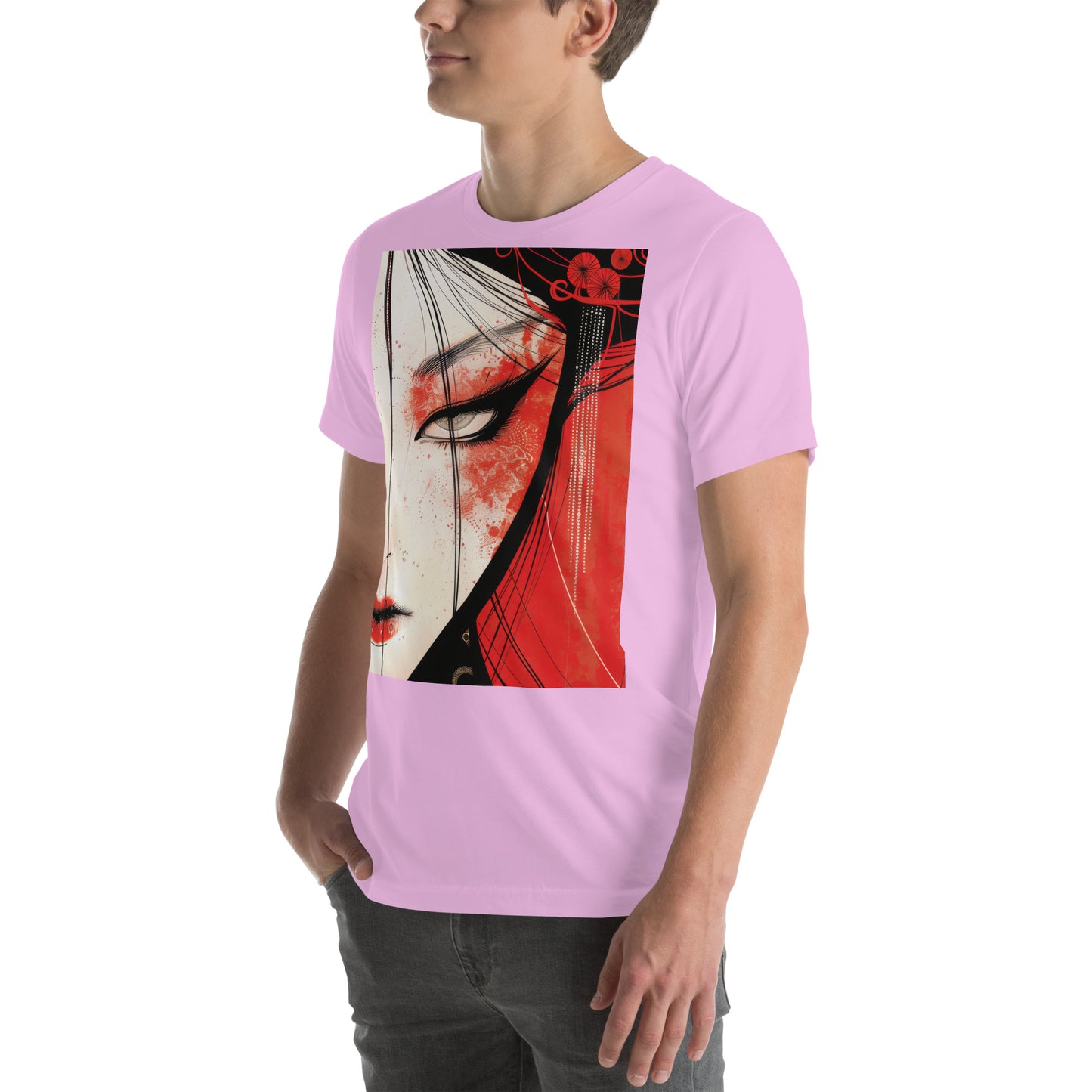 Red Face Geisha Stark Anime Yokai Close up Profile Unisex Tee
