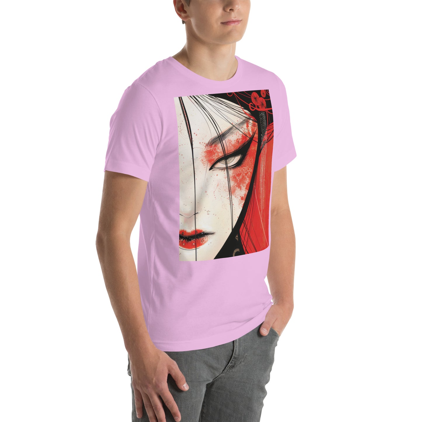 Red Face Geisha Stark Anime Yokai Close up Profile Unisex Tee