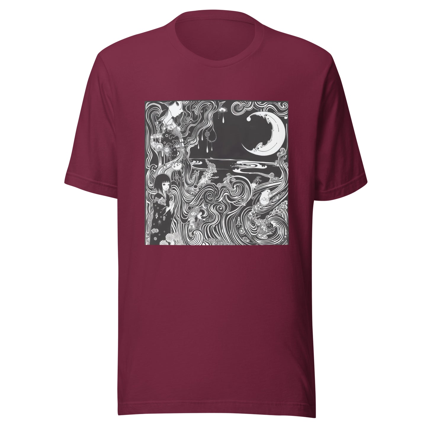 Black White Horror Crescent Moon Swirl Storybook Anime Scene Unisex Tee