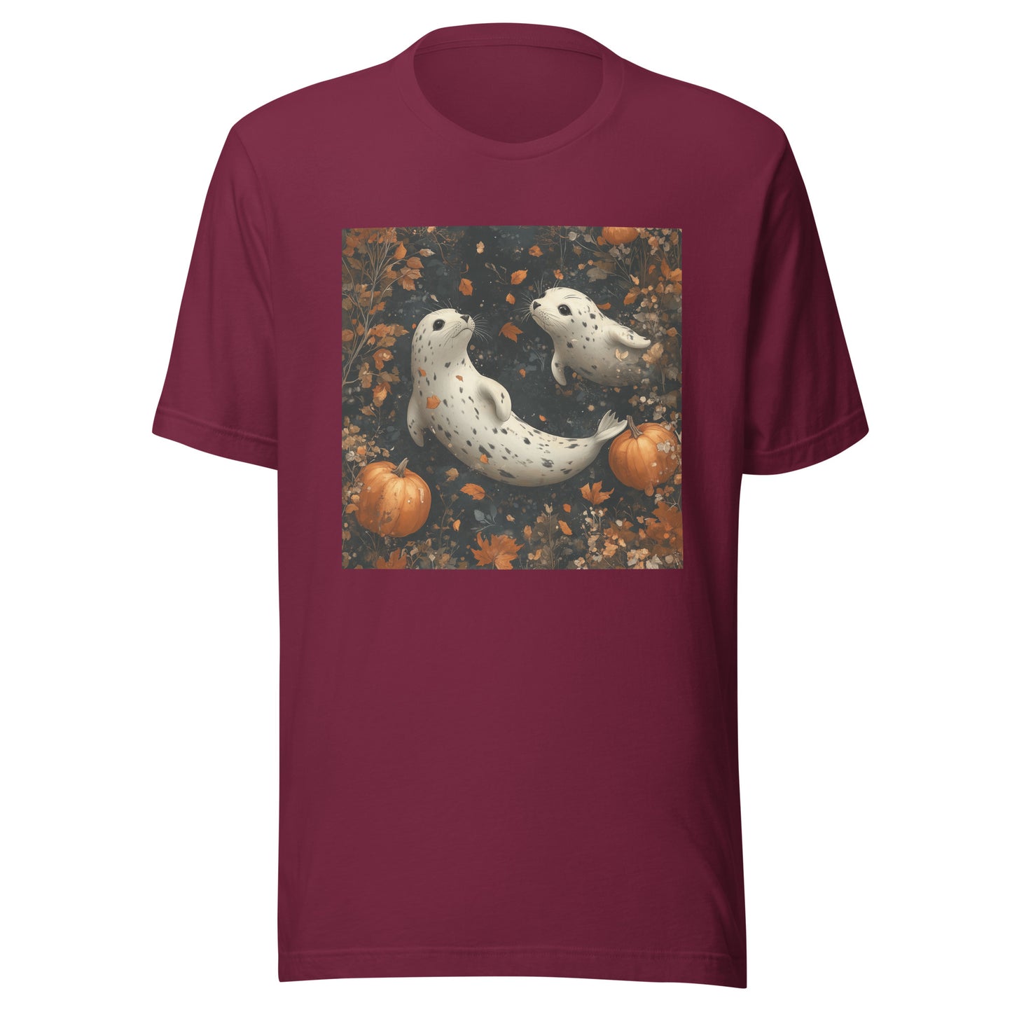 Fall Spotted Seal Couple Falling in Pumpkin Moon Sky Unisex t-shirt