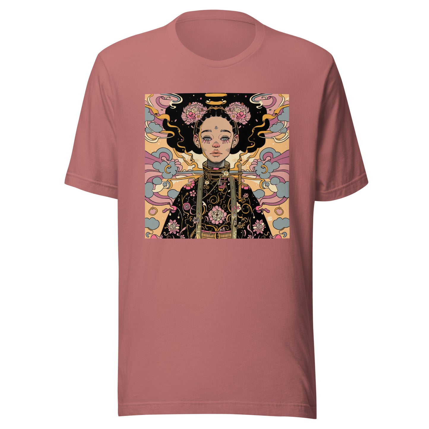 Afro-Japan Kimono Floral Unisex Tee – Beige & Pink Graphic T-Shirt on Soft Bella+Canvas Cotton