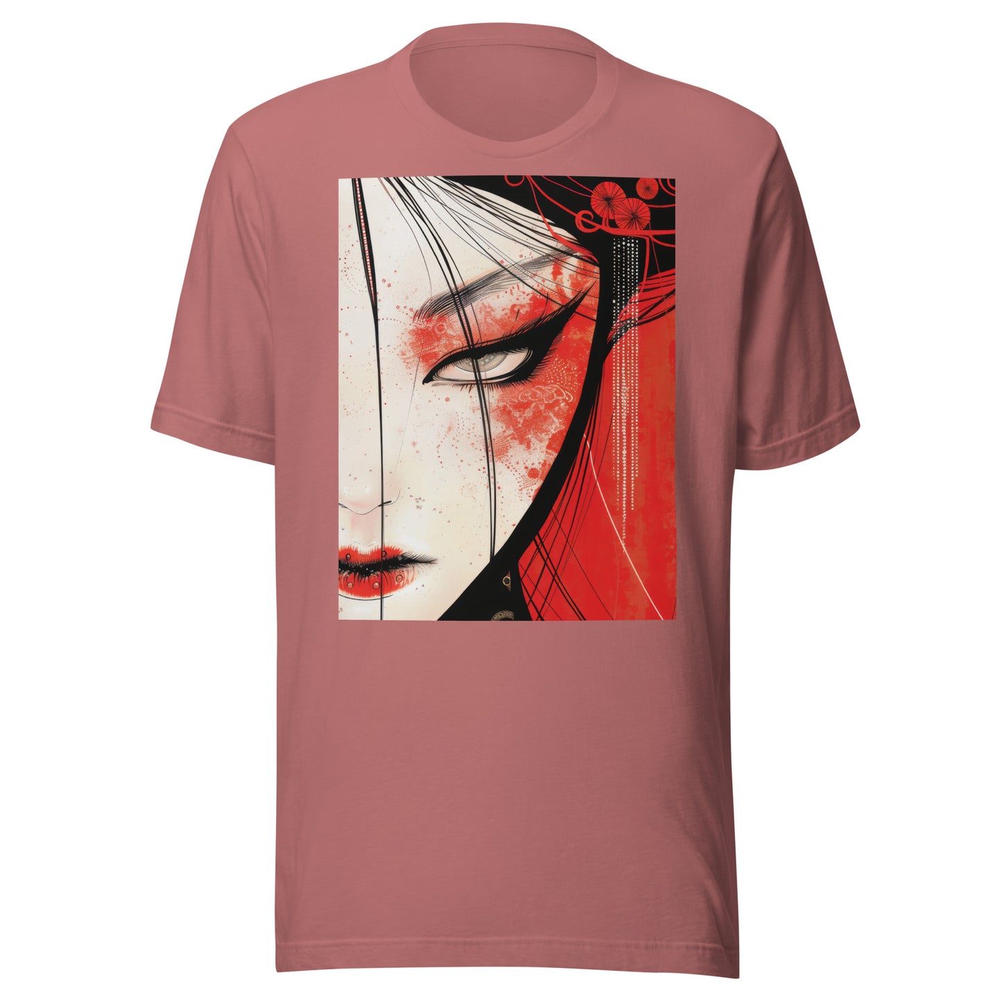 Red Face Geisha Stark Anime Yokai Close up Profile Unisex Tee