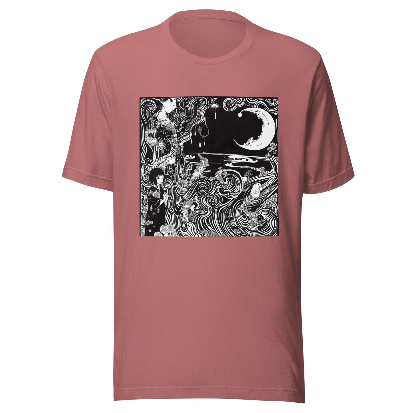 Black White Horror Crescent Moon Swirl Storybook Anime Scene Unisex Tee