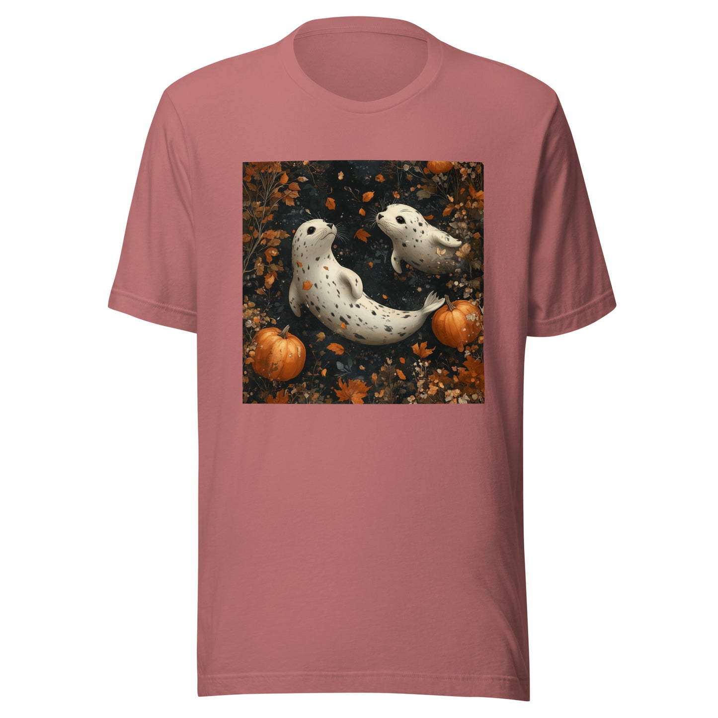 Fall Spotted Seal Couple Falling in Pumpkin Moon Sky Unisex t-shirt