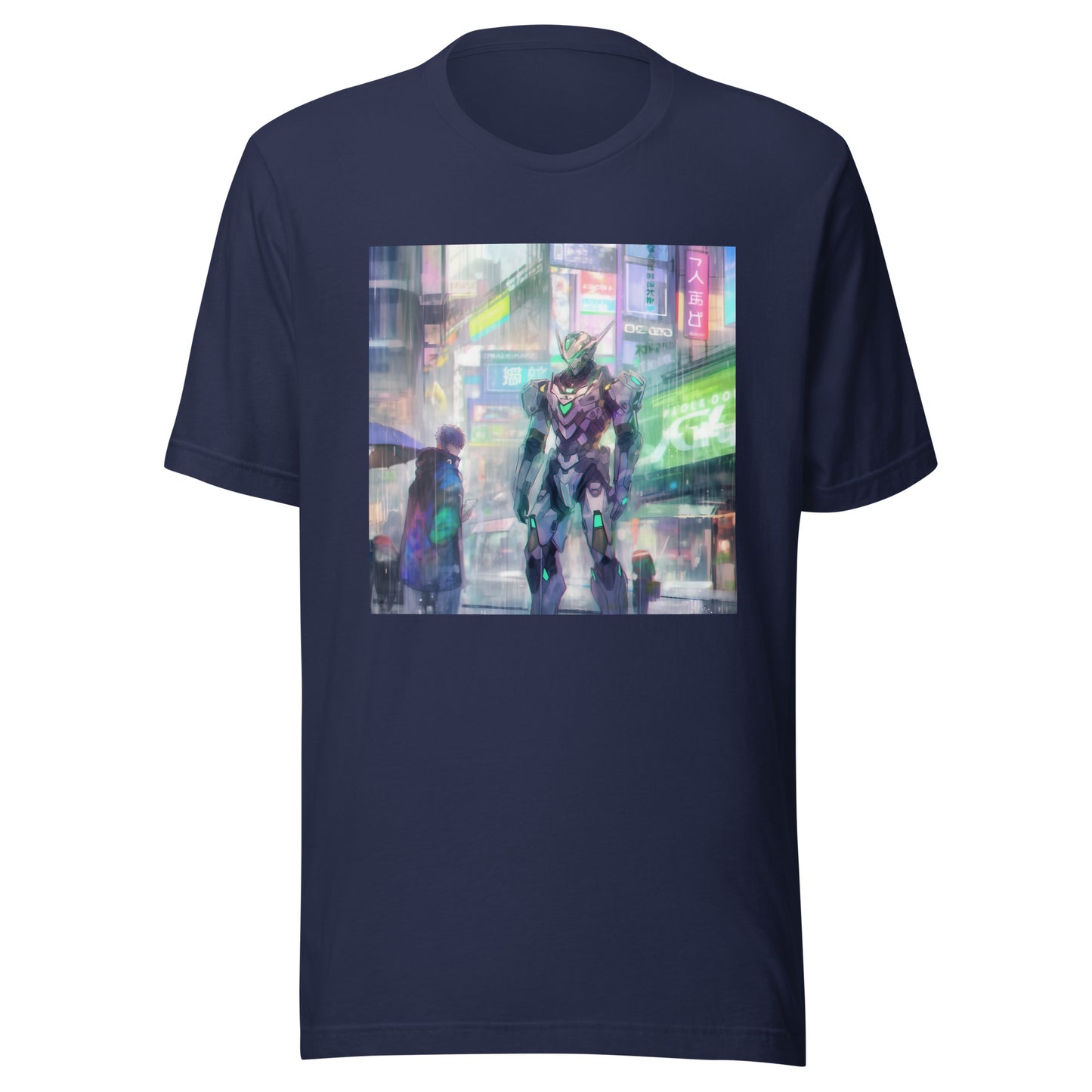 Meca City Scape Pastel anime Rain Neon Uv Grey Cloak Boy Unisex Tee