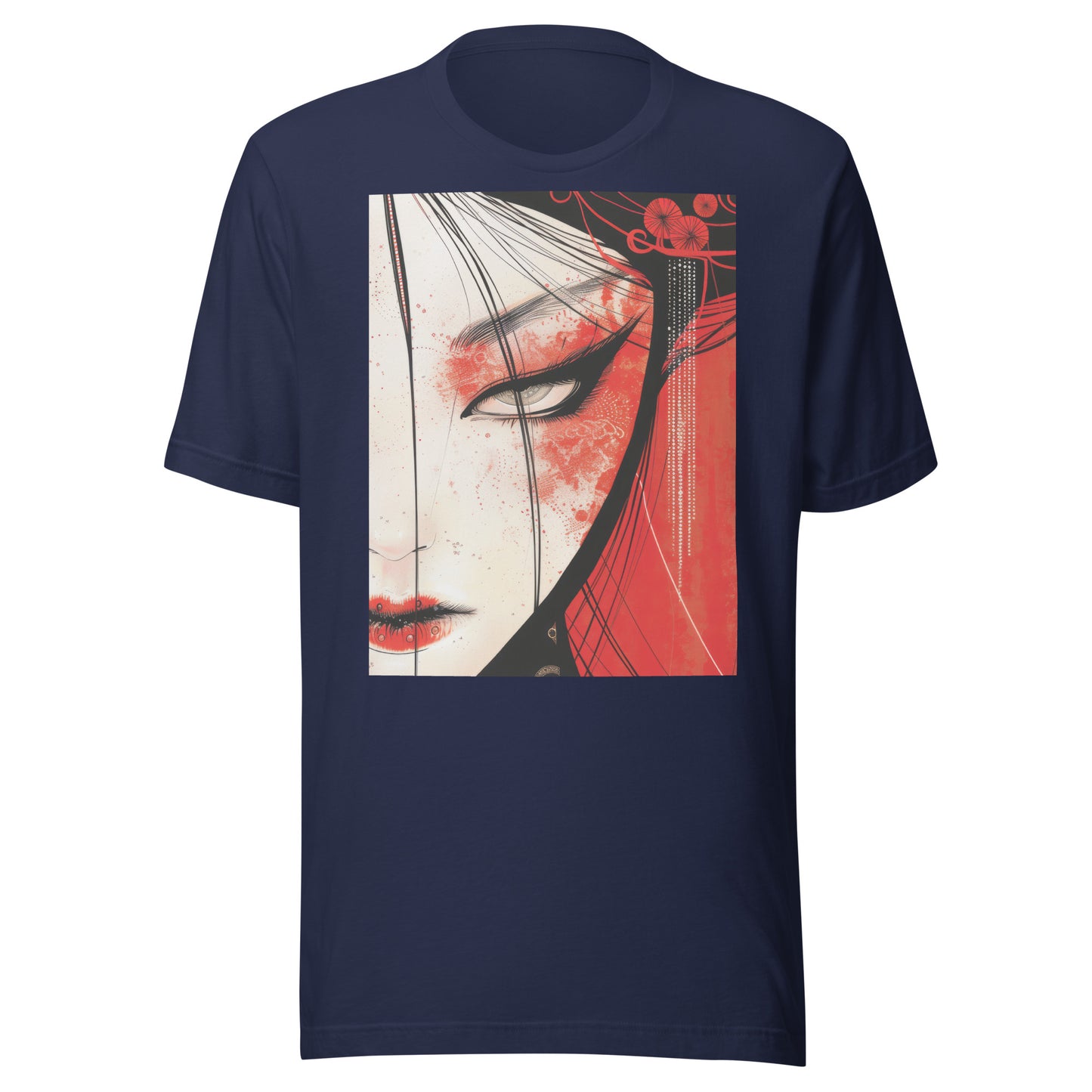 Red Face Geisha Stark Anime Yokai Close up Profile Unisex Tee