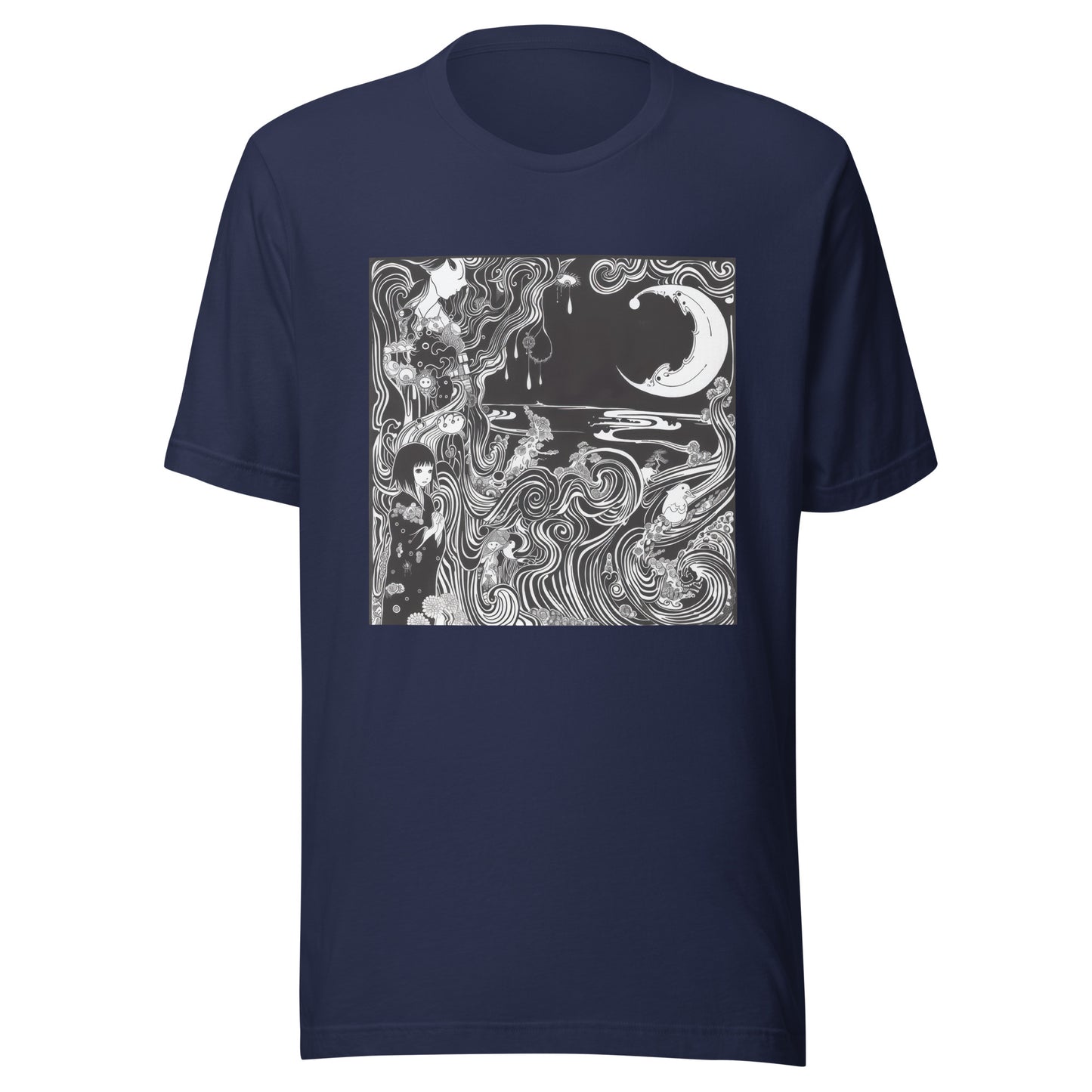 Black White Horror Crescent Moon Swirl Storybook Anime Scene Unisex Tee