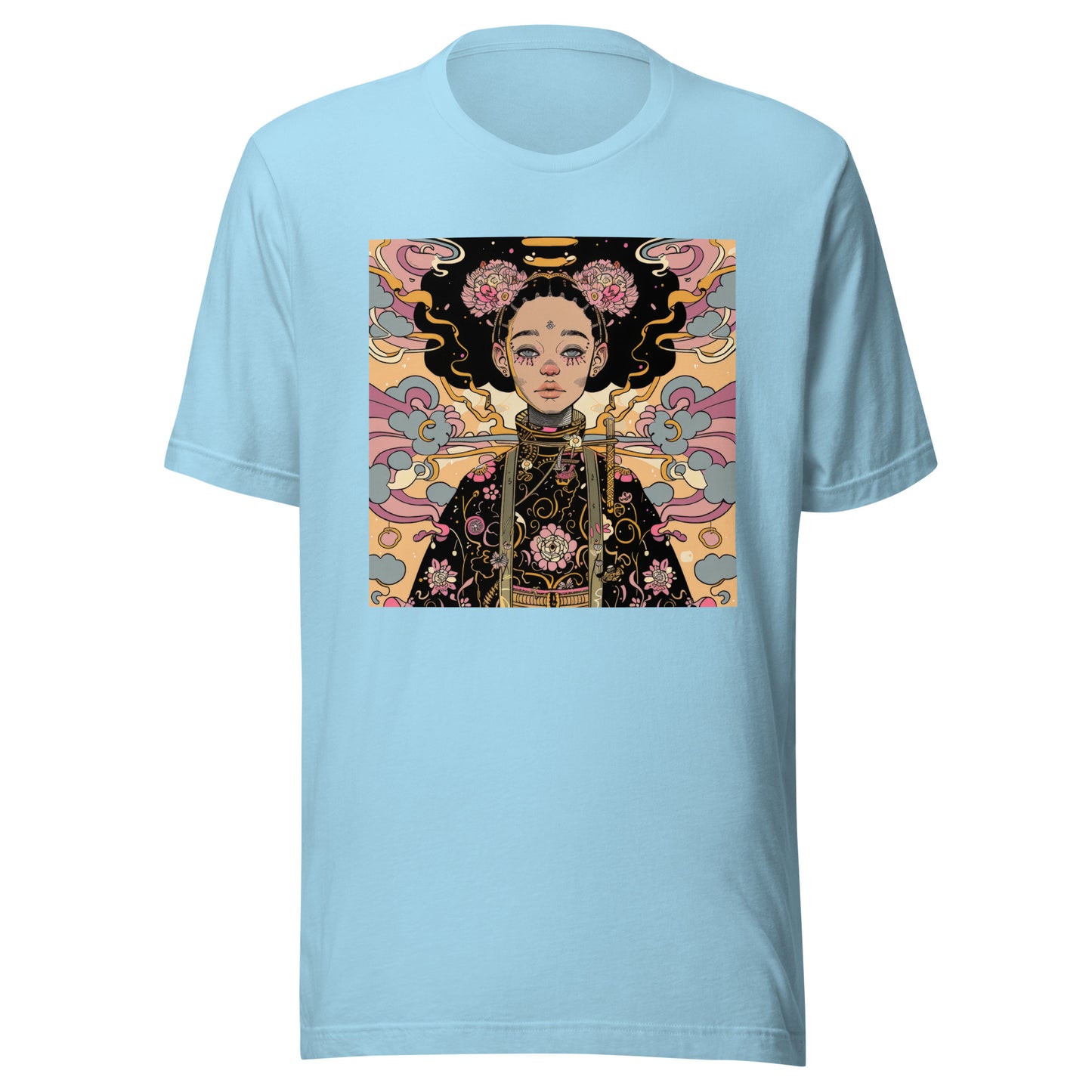 Afro-Japan Kimono Floral Unisex Tee – Beige & Pink Graphic T-Shirt on Soft Bella+Canvas Cotton