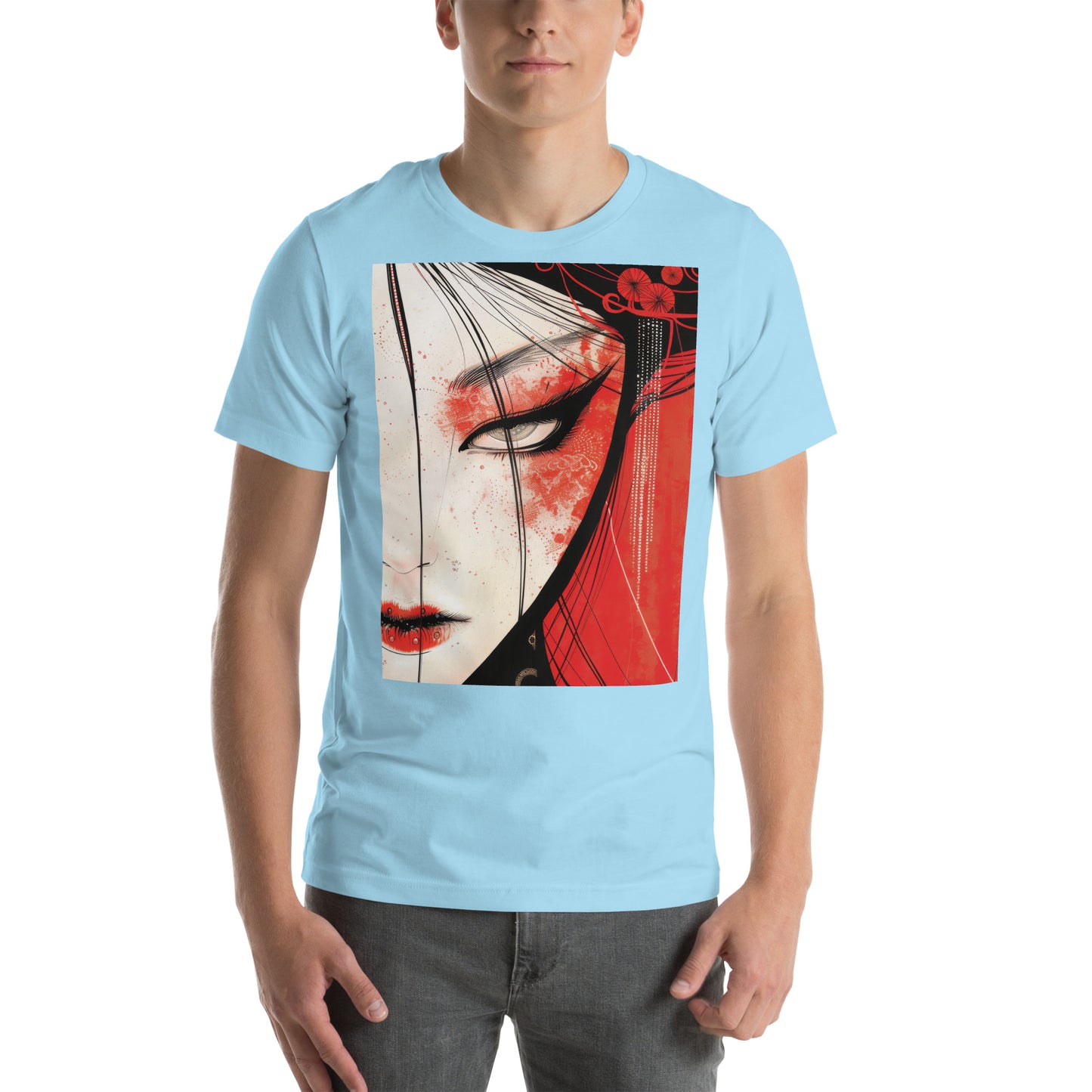 Red Face Geisha Stark Anime Yokai Close up Profile Unisex Tee