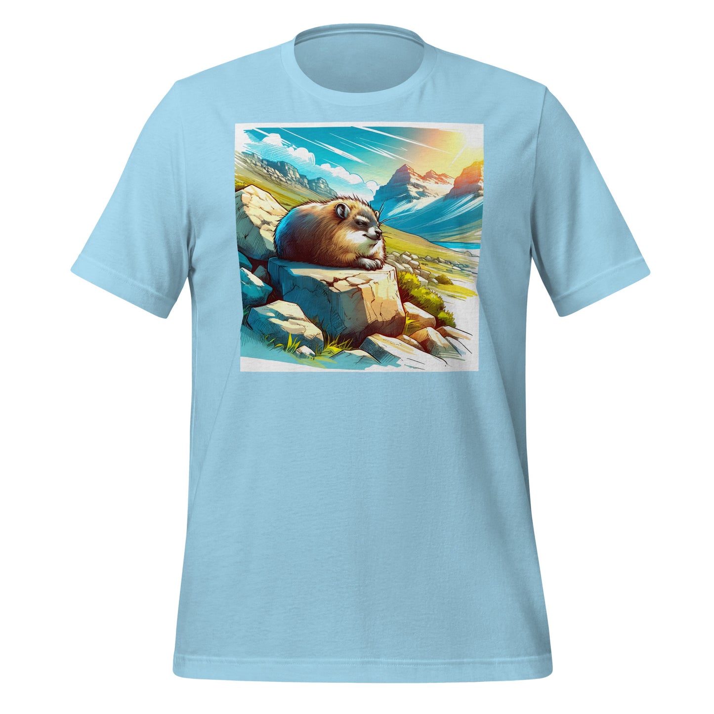 Blue Skies Anime Hyrax Unisex Tee – Soft Bella+Canvas T-Shirt with Cloudy Rockscape Art