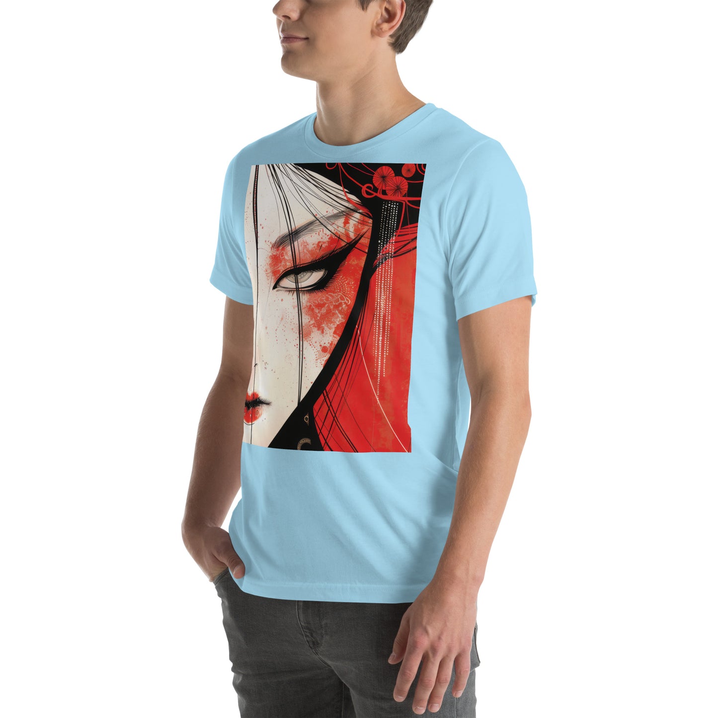 Red Face Geisha Stark Anime Yokai Close up Profile Unisex Tee