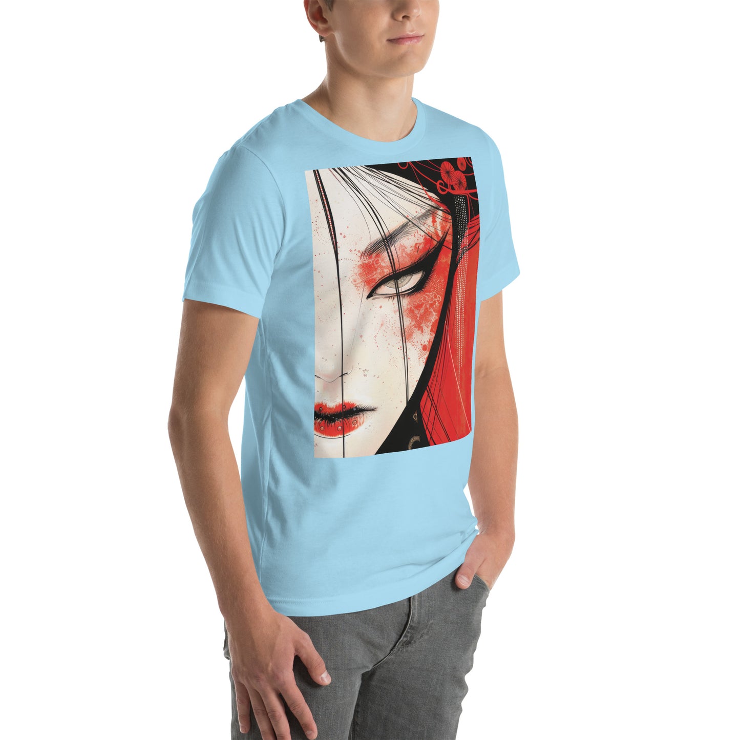 Red Face Geisha Stark Anime Yokai Close up Profile Unisex Tee