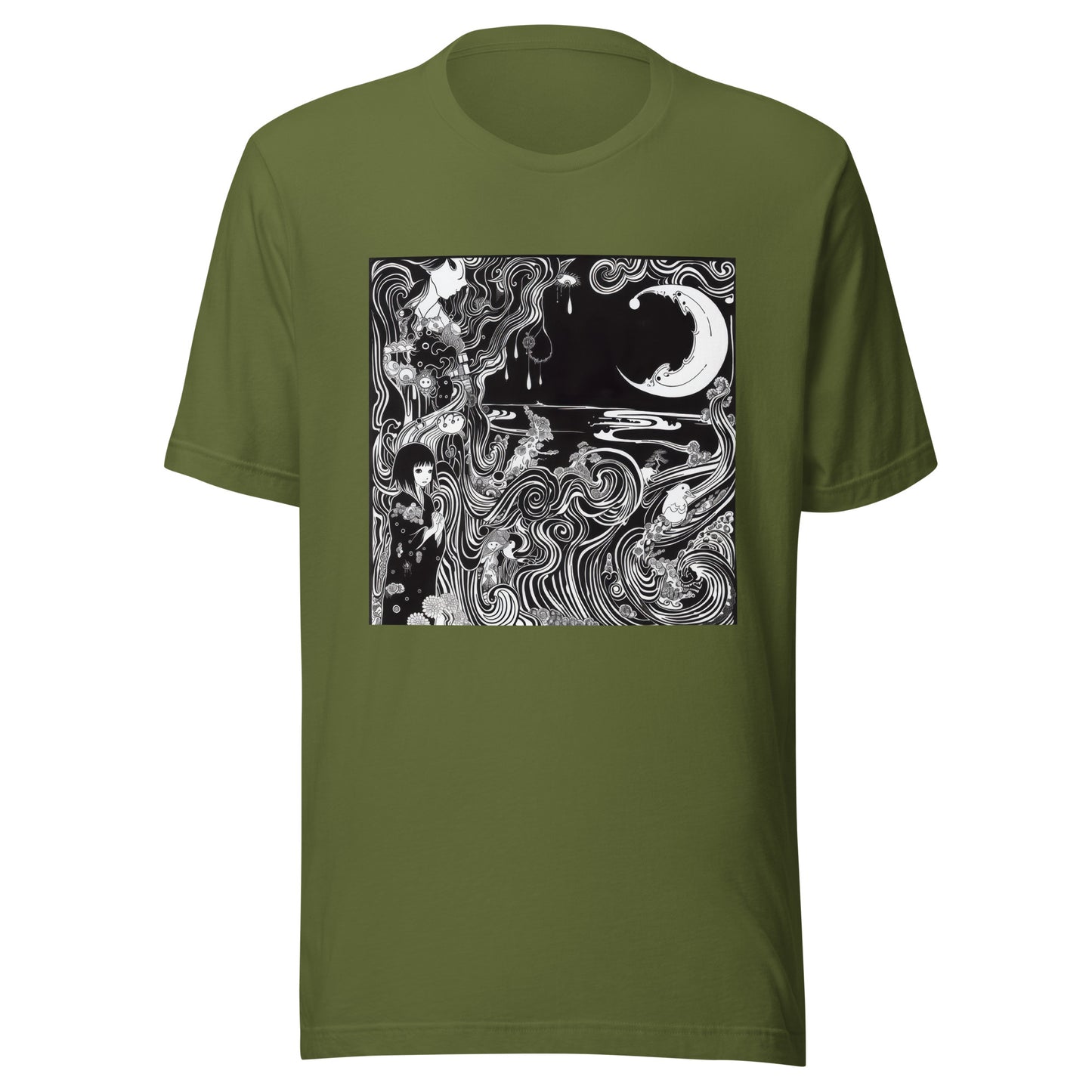 Black White Horror Crescent Moon Swirl Storybook Anime Scene Unisex Tee
