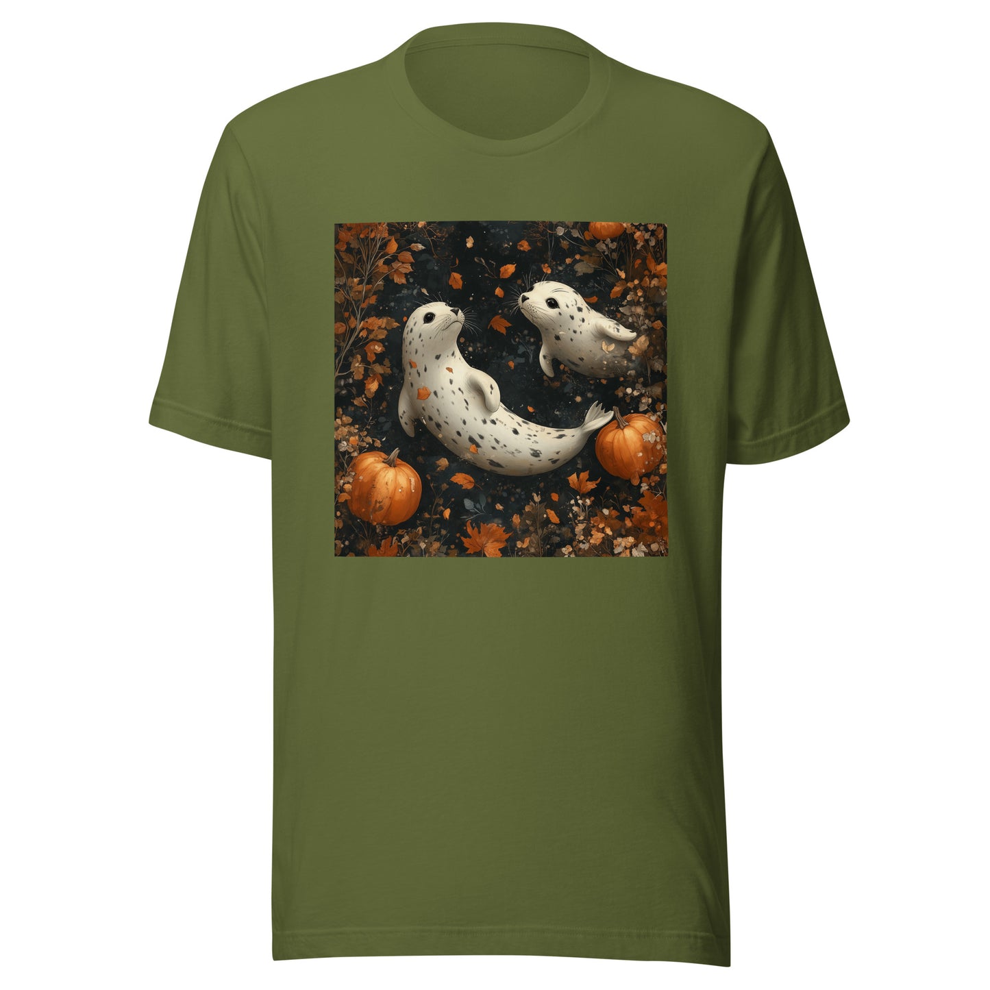 Fall Spotted Seal Couple Falling in Pumpkin Moon Sky Unisex t-shirt