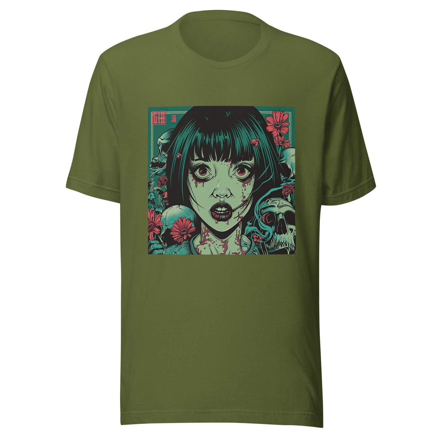 Brutalism Green Face Anime Skull Girl Tattoo Red Floral Unisex Tee