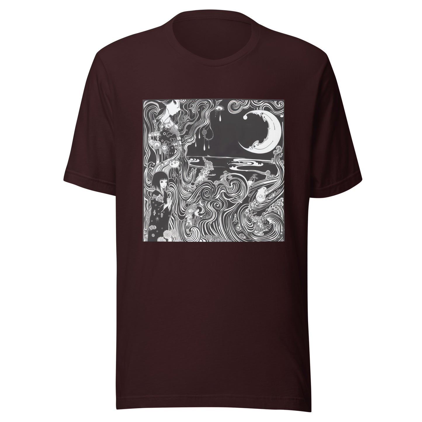 Black White Horror Crescent Moon Swirl Storybook Anime Scene Unisex Tee