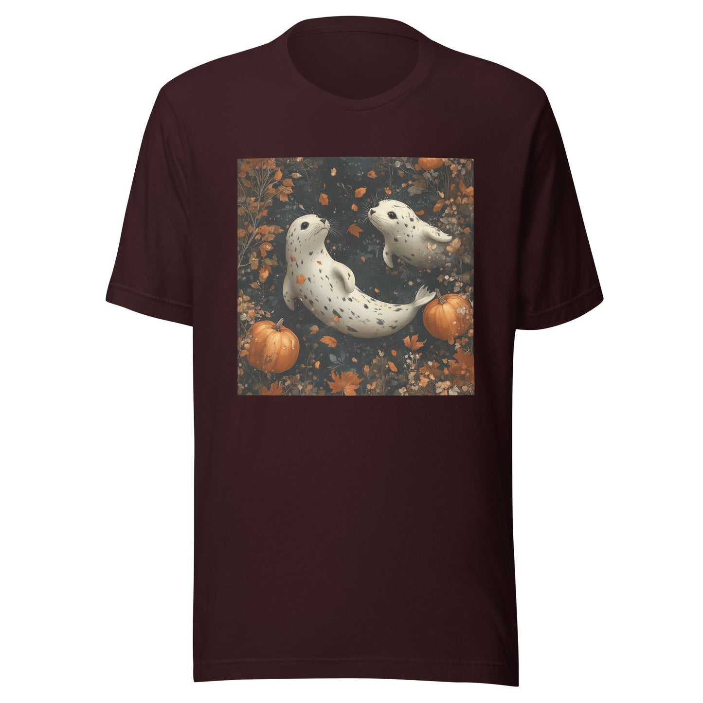 Fall Spotted Seal Couple Falling in Pumpkin Moon Sky Unisex t-shirt