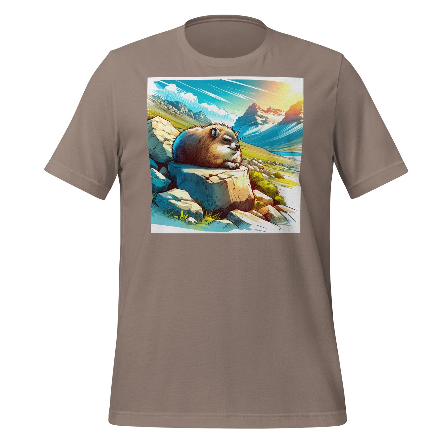 Blue Skies Anime Hyrax Unisex Tee – Soft Bella+Canvas T-Shirt with Cloudy Rockscape Art