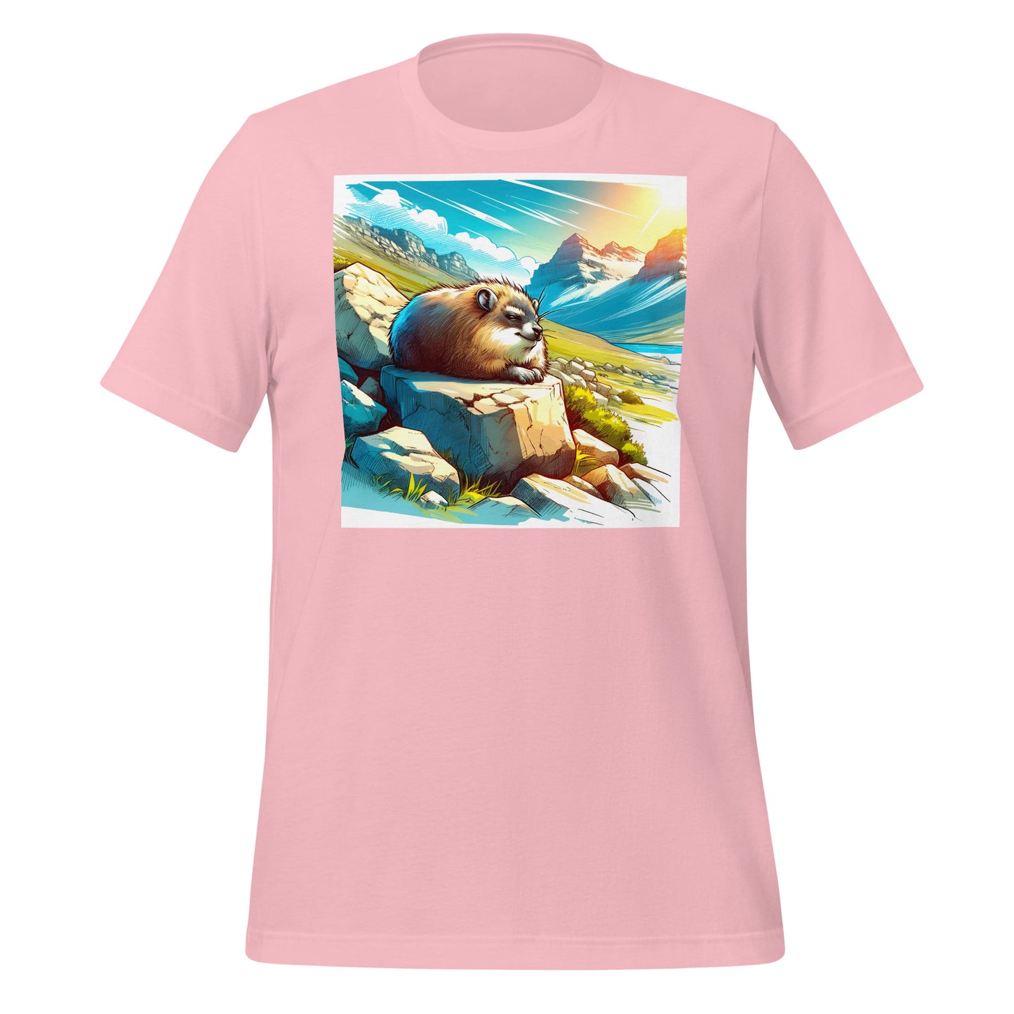 Blue Skies Anime Hyrax Unisex Tee – Soft Bella+Canvas T-Shirt with Cloudy Rockscape Art