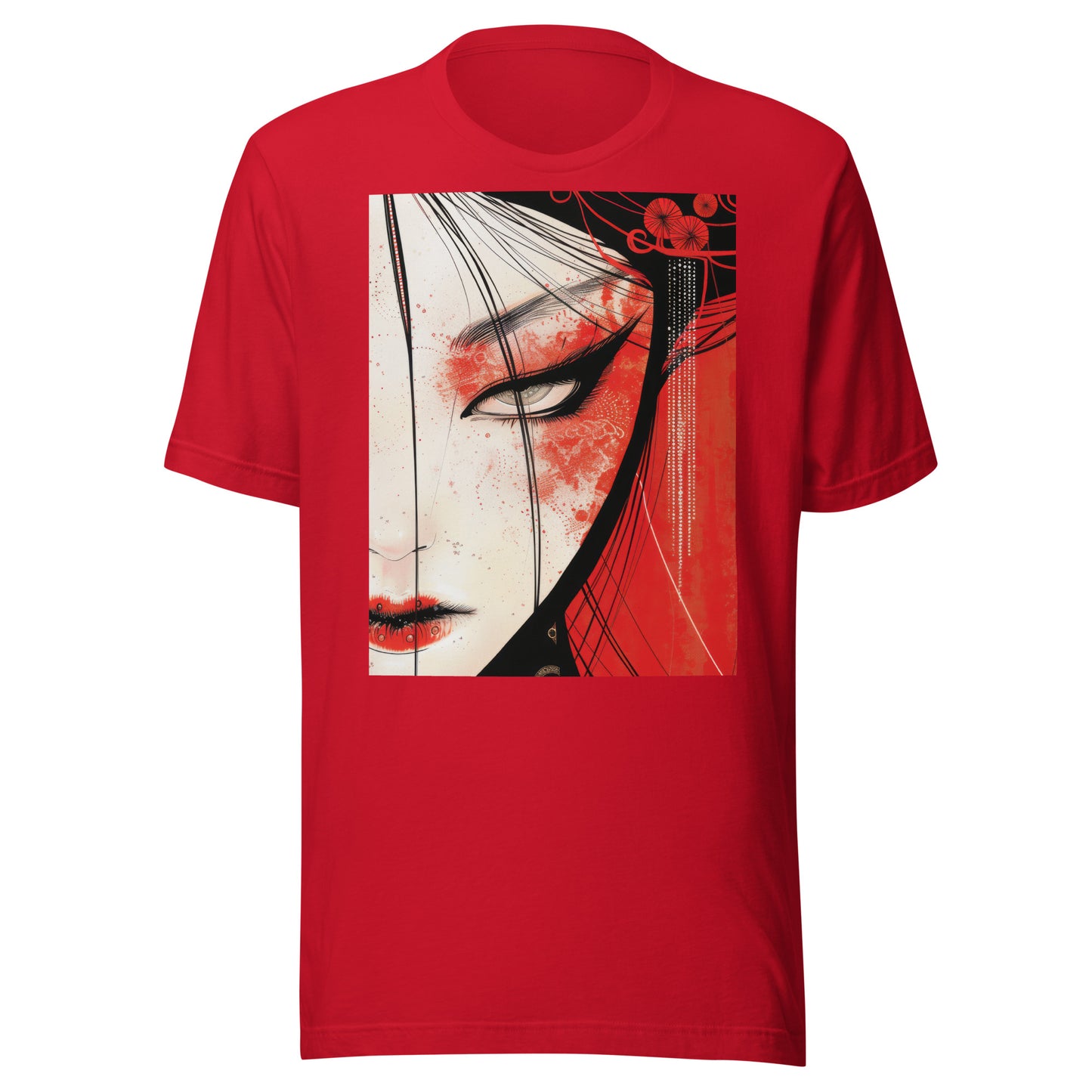 Red Face Geisha Stark Anime Yokai Close up Profile Unisex Tee