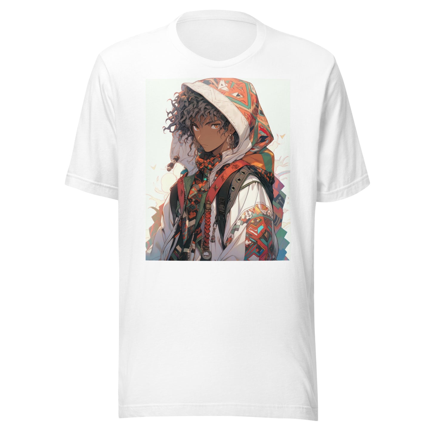 Hooded Anime Gypsy Man Tan Curly Hair Steam Punk Futuristic Unisex Tee