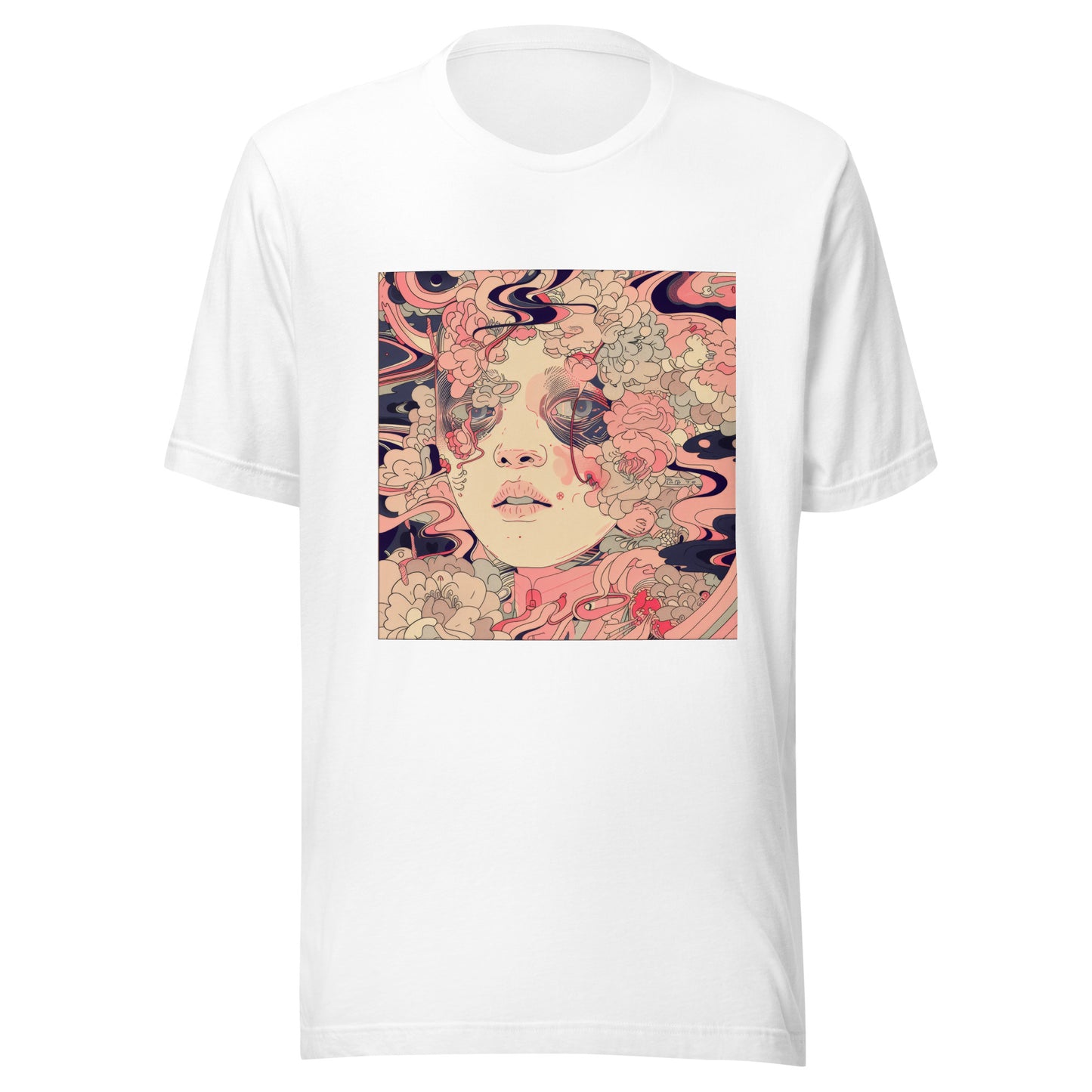 Pink Floral Swirl Face Boho Avant Anime Unisex Tee