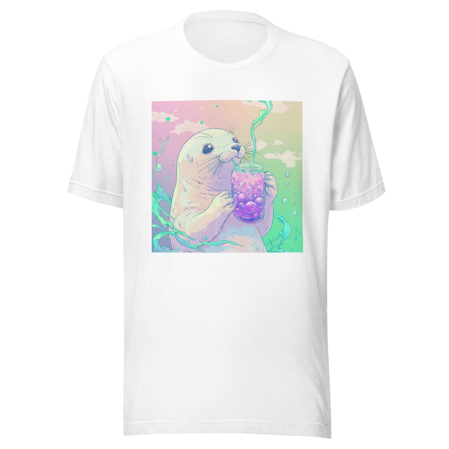 Pastel Mint Pink Baby Haarp Seal Boba Tea Unisex Tee Shirt