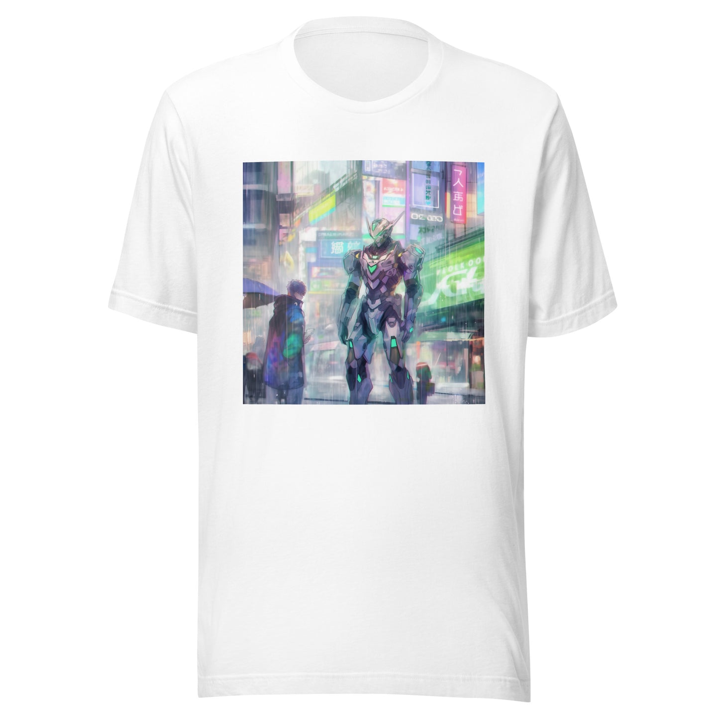 Meca City Scape Pastel anime Rain Neon Uv Grey Cloak Boy Unisex Tee