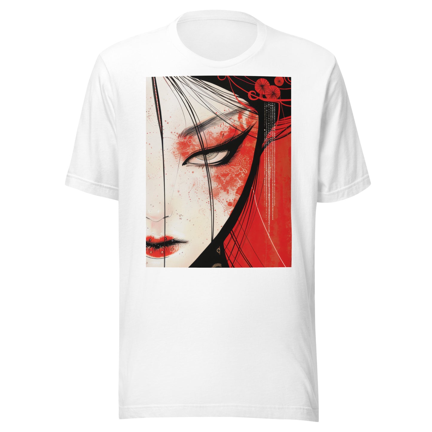 Red Face Geisha Stark Anime Yokai Close up Profile Unisex Tee