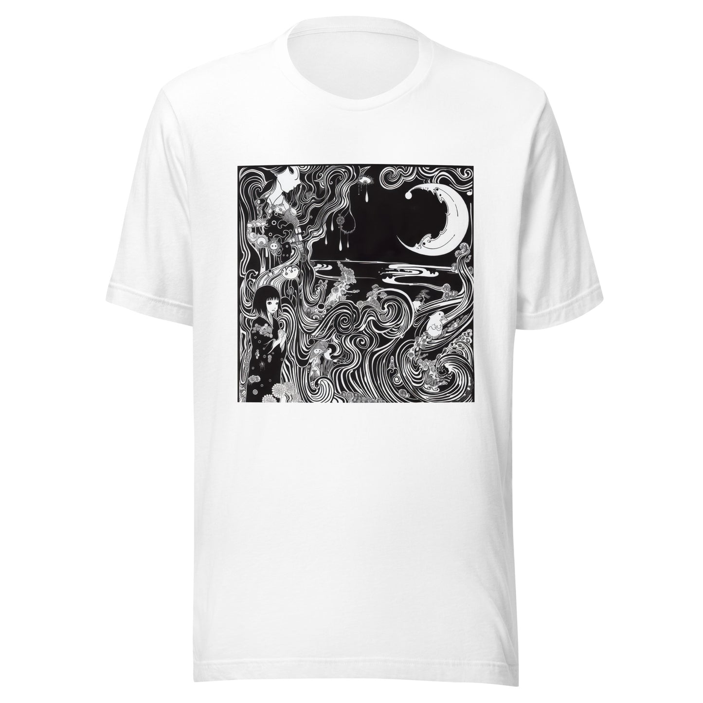 Black White Horror Crescent Moon Swirl Storybook Anime Scene Unisex Tee