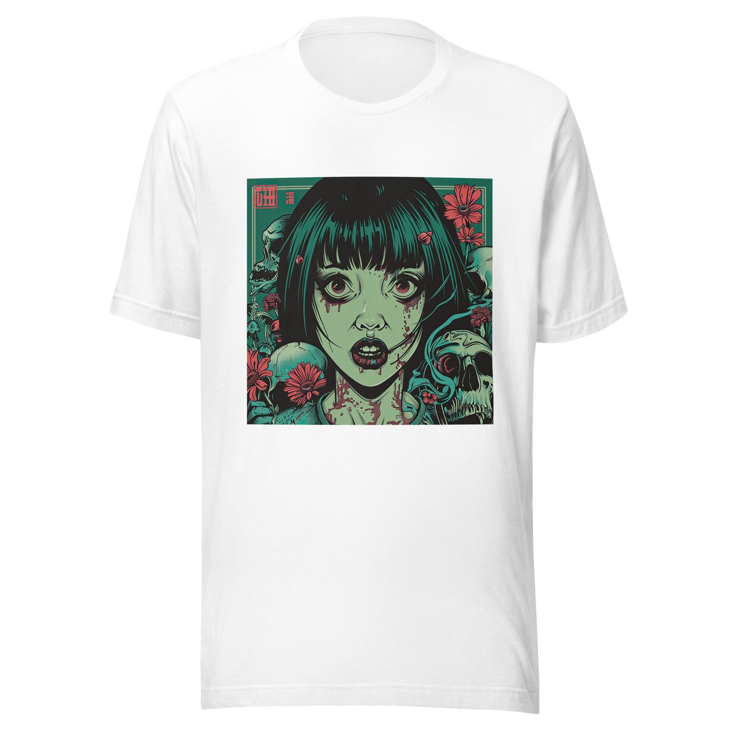 Brutalism Green Face Anime Skull Girl Tattoo Red Floral Unisex Tee