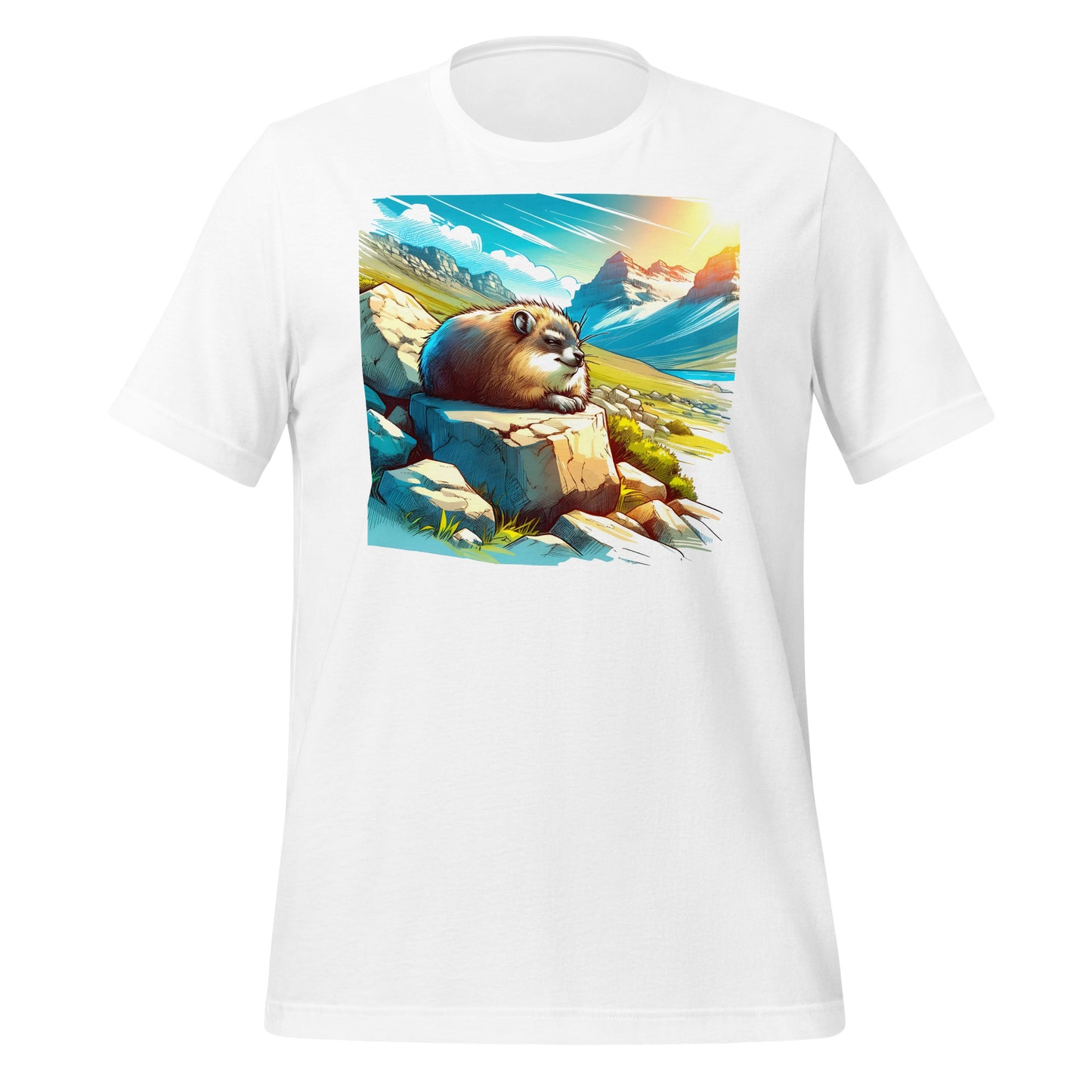 Blue Skies Anime Hyrax Unisex Tee – Soft Bella+Canvas T-Shirt with Cloudy Rockscape Art