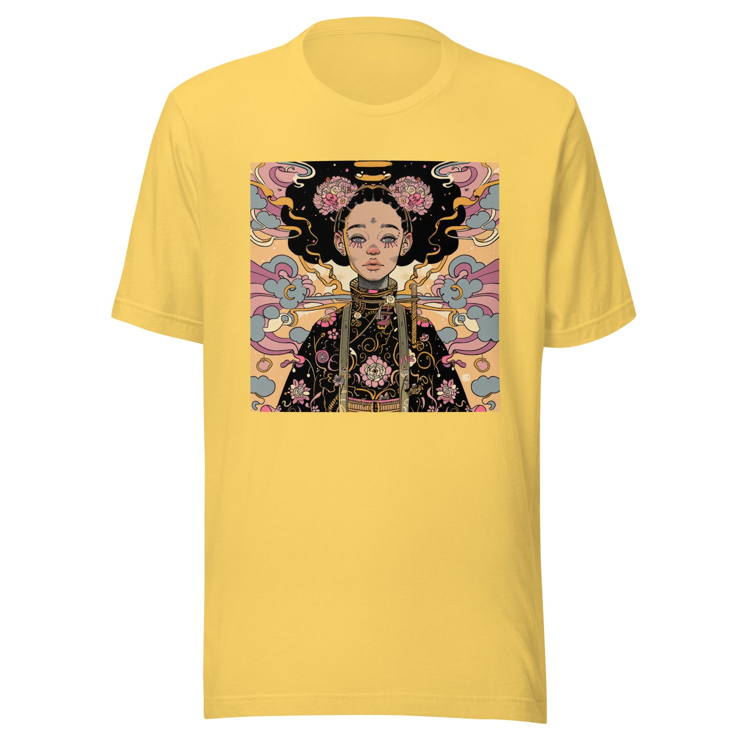 Afro-Japan Kimono Floral Unisex Tee – Beige & Pink Graphic T-Shirt on Soft Bella+Canvas Cotton