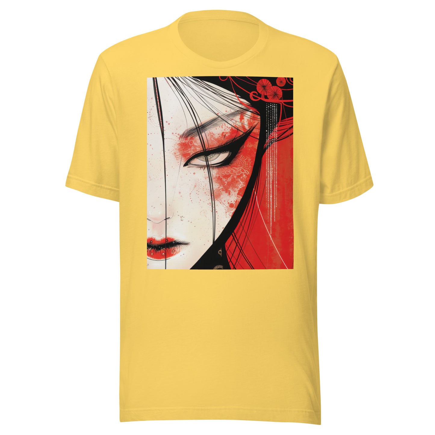 Red Face Geisha Stark Anime Yokai Close up Profile Unisex Tee