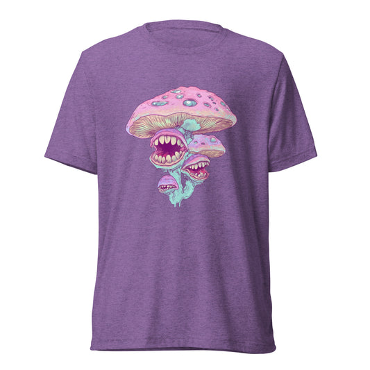 Purple mushroom fungi tee with lilac pastel grunge print for festival wear