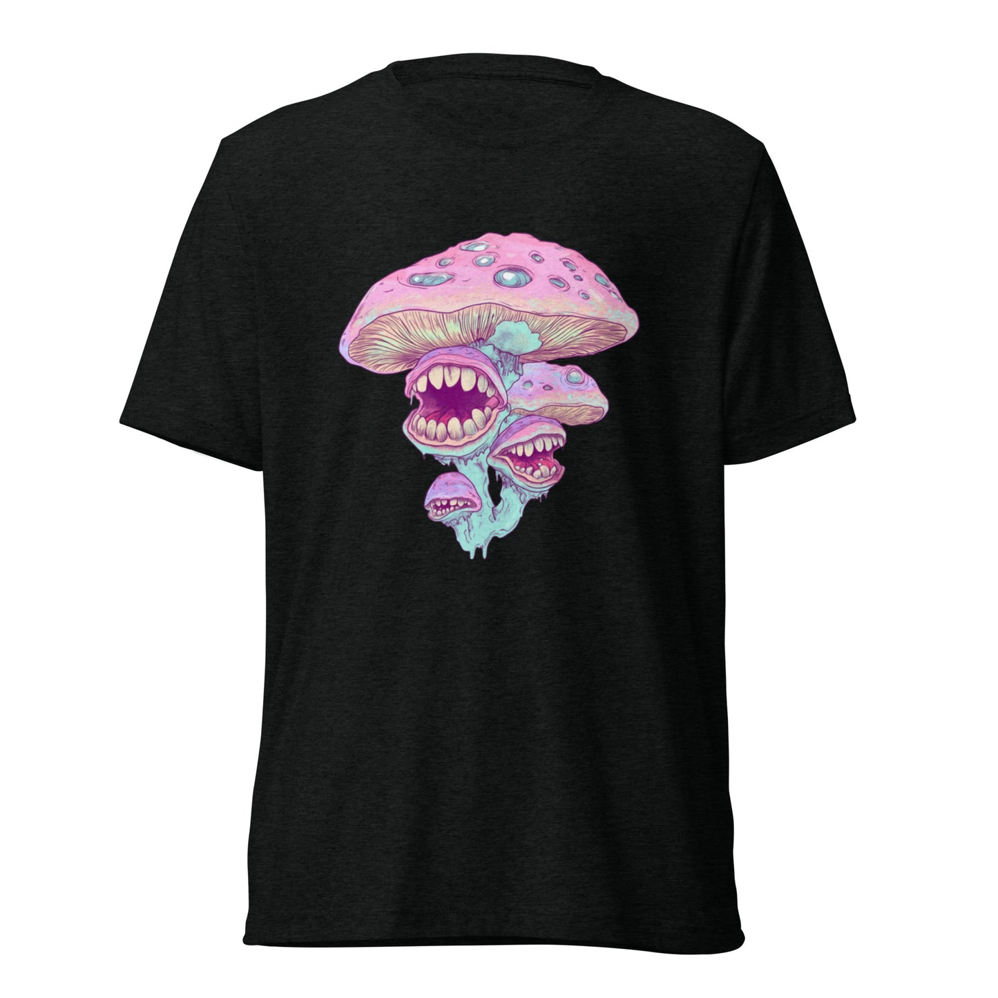Black mushroom fungi tee with lilac pastel grunge print for festival wear